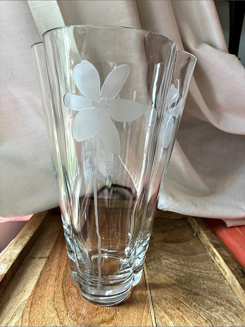 Heavy Glass Floral Etched Vase